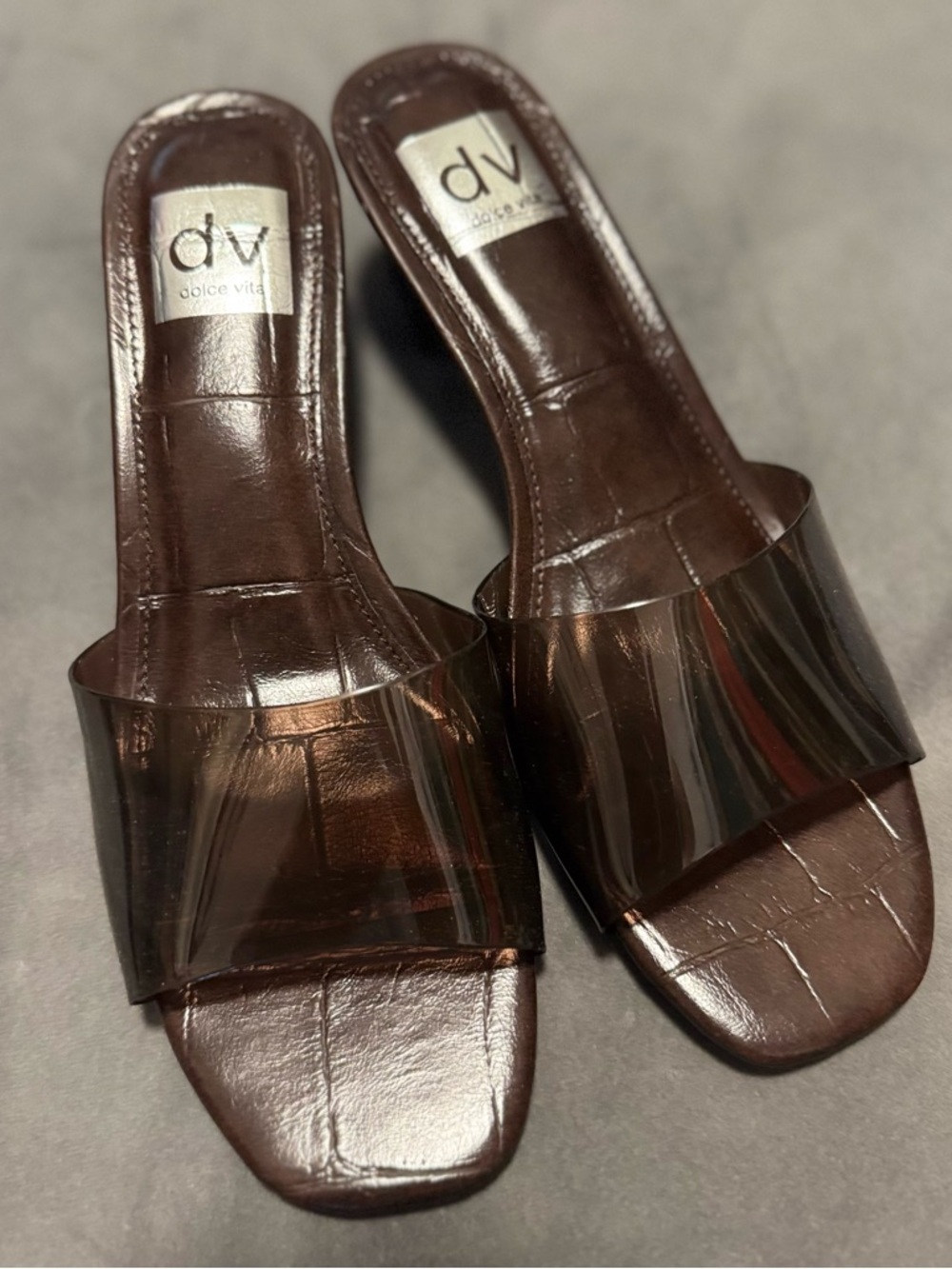 Dolce Vita Brown Slide Mules with Clear Vinyl Strap